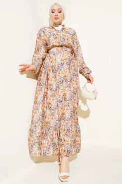 Multicolored Floral Pattern Full-Length Button Dress Beige