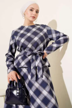 Alternative view of Checkered Pattern Blouse and Skirt Set Navy Blue