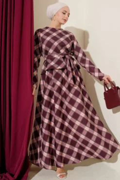 Checkered Pattern Blouse and Skirt Set Plum