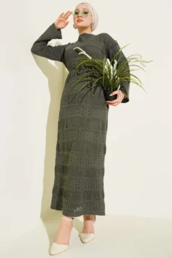 Striped Openwork Knit Dress Khaki Großhandel dress - Hicabistan Türkei Fabrik