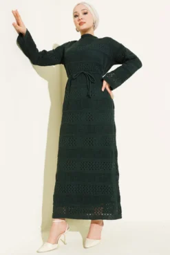 Striped Openwork Knit Dress Emerald Großhandel dress view 2 - Hicabistan Türkei Fabrik