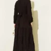 Striped Ruffled Belted Dress Brown بالجملة dress view 3 - Hicabistan مصنع تركيا