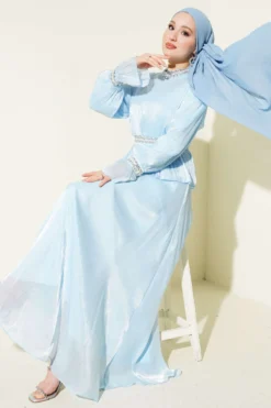 Striped Stone Embellished Evening Dress Baby Blue بالجملة dress - Hicabistan مصنع تركيا