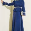 Striped Stone Embellished Evening Dress Navy Blue