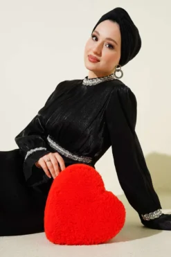 Striped Stone Embellished Evening Dress Black بالجملة dress - Hicabistan مصنع تركيا