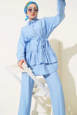 Ruffled Skirt Tie Belt Two-Piece Set Blue