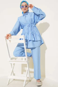 Alternative view of Ruffled Skirt Tie Belt Two-Piece Set Blue