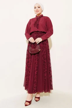 Flower Pattern Scarf Tulle Skirt Set Burgundy