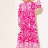 Ethnic Pattern Buttoned Loose Dress Fuchsia