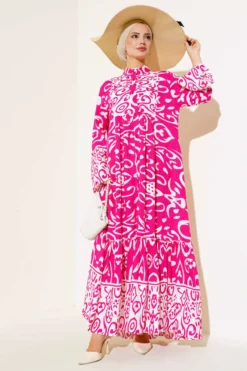 Ethnic Pattern Buttoned Loose Dress Fuchsia