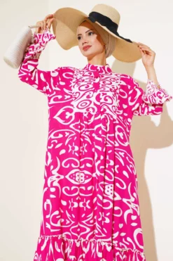 منظر بديل لـ Ethnic Pattern Buttoned Loose Dress Fuchsia