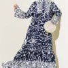 Ethnic Pattern Buttoned Loose Dress Navy Blue