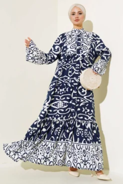 Ethnic Pattern Buttoned Loose Dress Navy Blue
