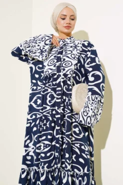 منظر بديل لـ Ethnic Pattern Buttoned Loose Dress Navy Blue