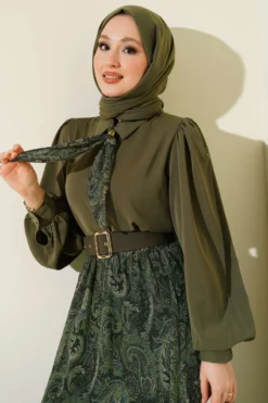 Ethnic Patterned Scarf Skirt Set Khaki all'ingrosso clothing set view 2 - Hicabistan fabbrica Turchia
