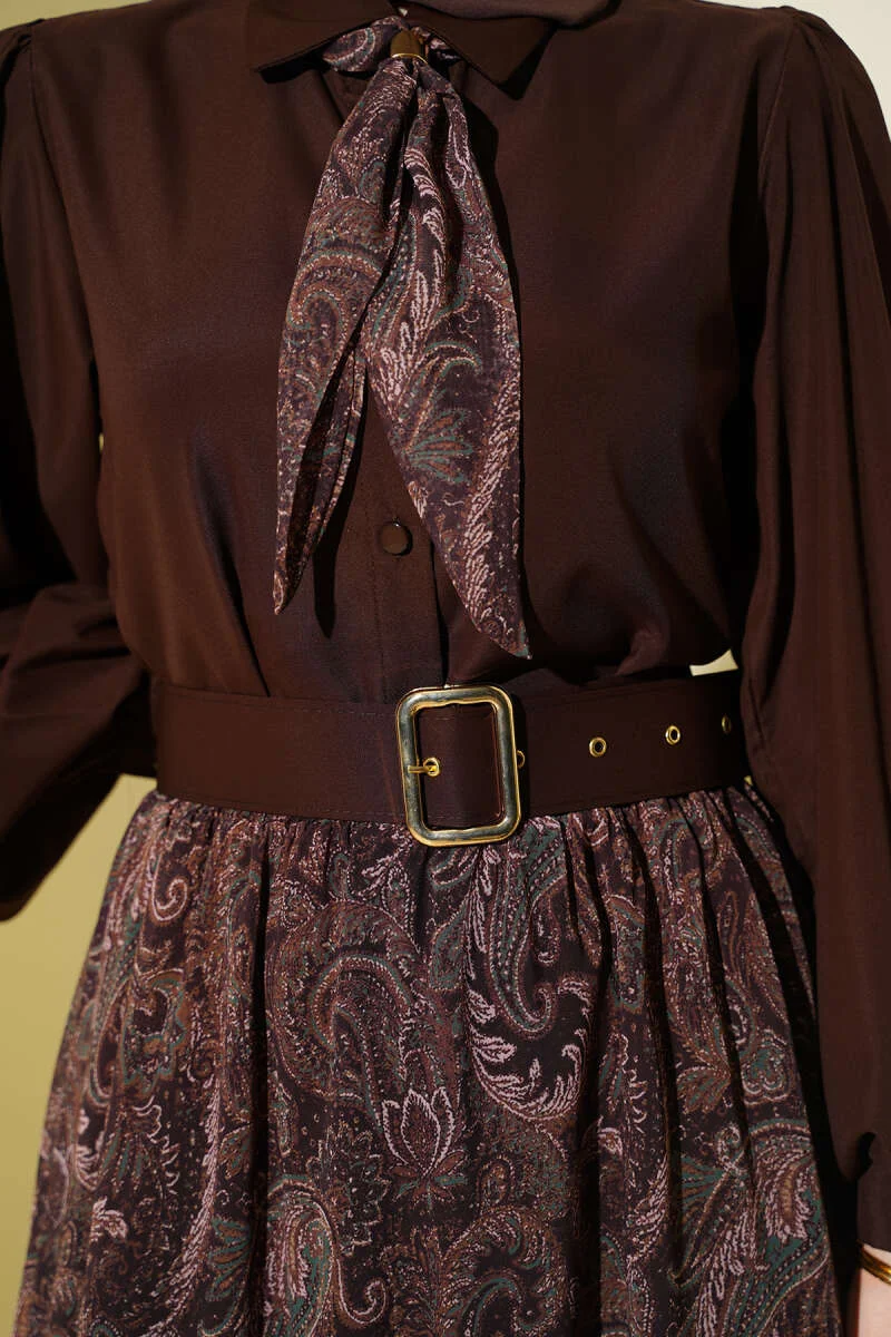 Ethnic Patterned Scarf Skirt Set Brown - Image 4