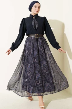Ethnic Patterned Scarf Skirt Set Navy Blue