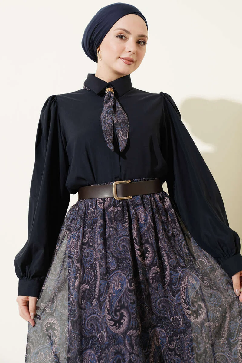 Ethnic Patterned Scarf Skirt Set Navy Blue - Image 2