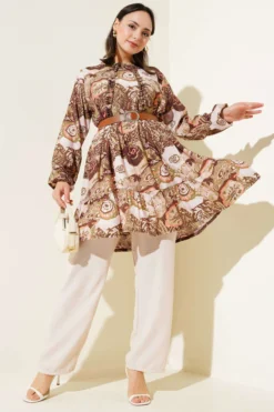Ethnic Patterned Belted Tunic Set Khaki
