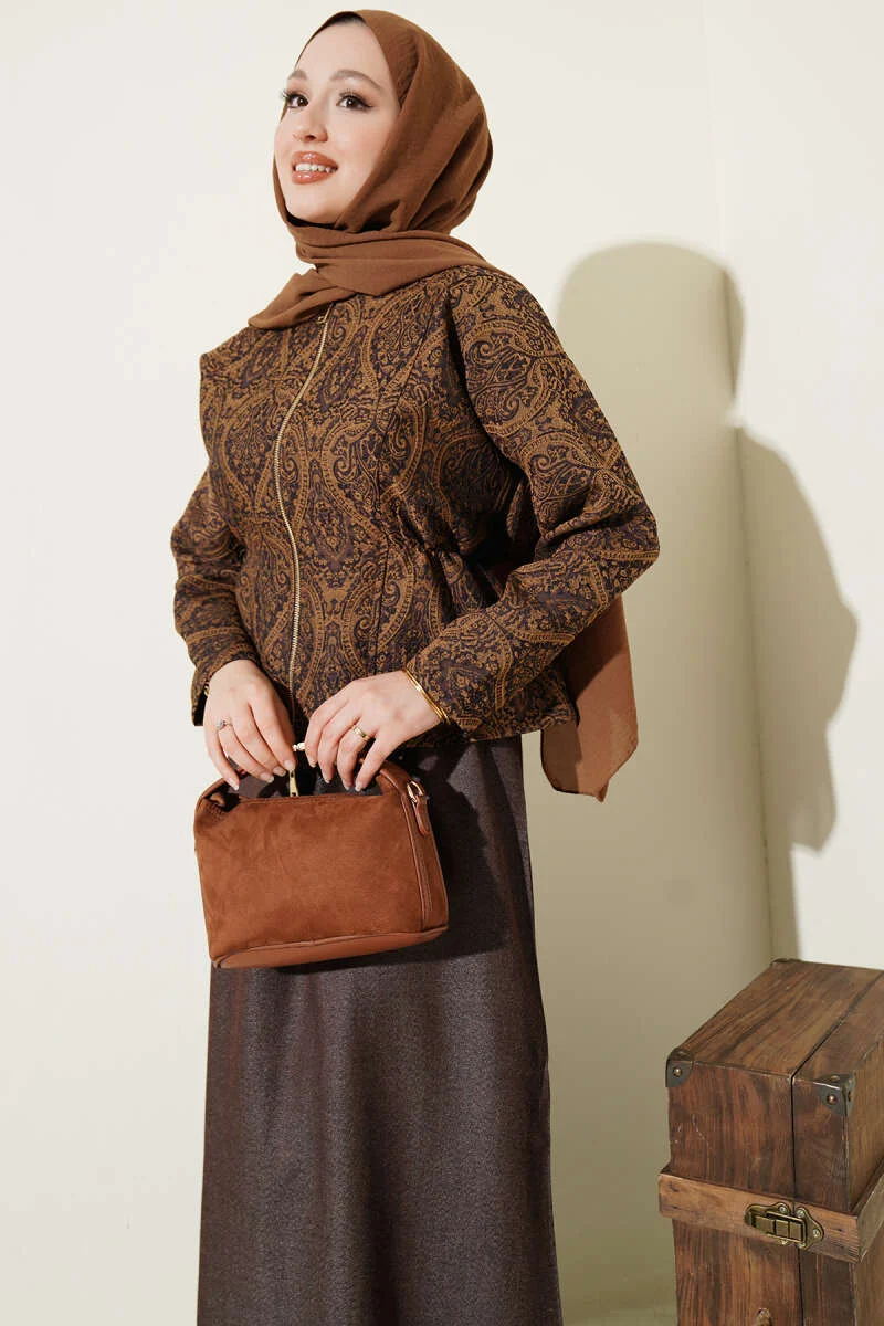 Ethnic Pattern Denim Dress Set Brown - Image 2