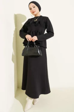 Ruffled Skirt Set Black wholesale clothing set - Hicabistan Turkey factory