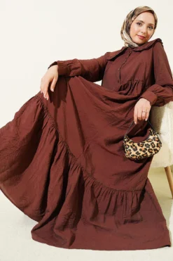 Ruffled Baby Collar Button Dress Brown en gros dress - Hicabistan usine Turquie