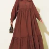 Ruffled Baby Collar Button Dress Brown wholesale dress view 2 - Hicabistan Turkey factory