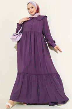 Ruffled Baby Collar Button Dress Purple en gros dress - Hicabistan usine Turquie