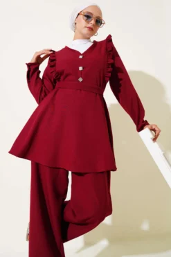 Ruffled V Neck Double Set Burgundy wholesale clothing set view 2 - Hicabistan Turkey factory