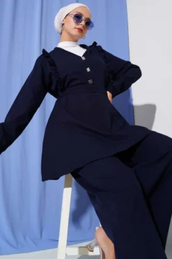 Ruffled V Neck Double Set Navy Blue wholesale clothing set view 2 - Hicabistan Turkey factory