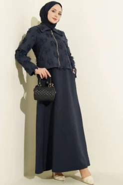 Zipper Detailed Fringed Dress Set Navy Blue groothandel dress - Hicabistan Turkije fabriek