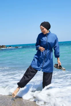 Zipper Detail Modest Swimsuit Indigo