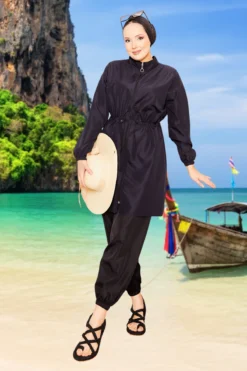 Zipper Detail Modest Swimsuit Navy Blue