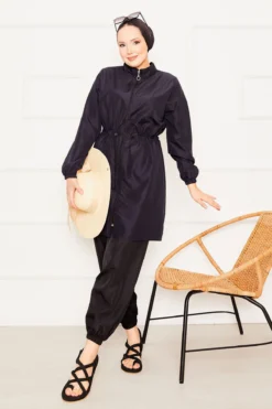 منظر بديل لـ Zipper Detail Modest Swimsuit Navy Blue