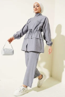Zippered Waist Tunic Set Grey