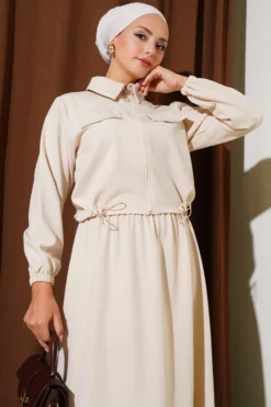 Zipper Pocket Covered Skirt Twin Set Beige بالجملة clothing set view 2 - Hicabistan مصنع تركيا