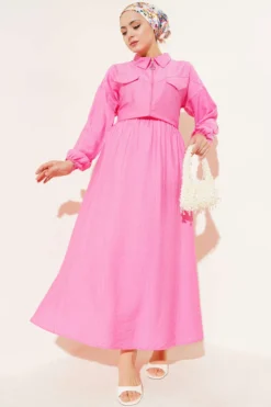 Zipper Pocket Flap Skirt Set Fuchsia