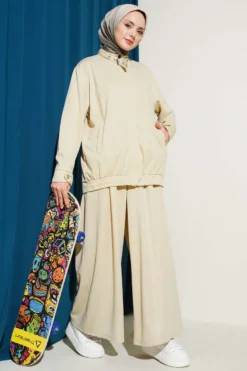 Zippered Pocket Loose Two-Piece Set Beige