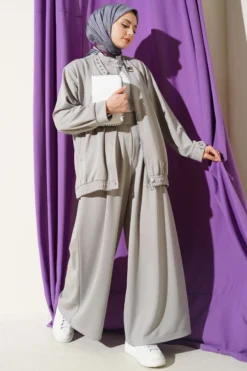 Zippered Pocket Loose Two-Piece Set Grey