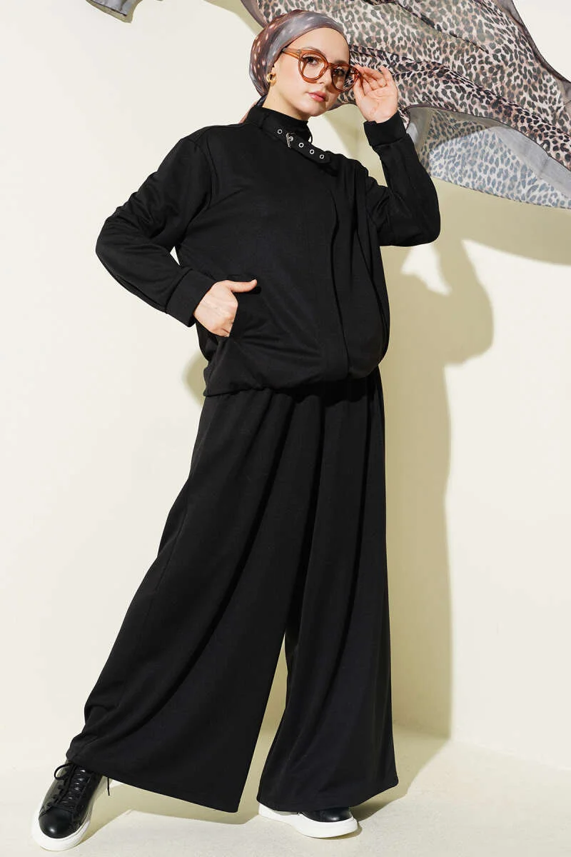 Zippered Pocket Loose Two-Piece Set Black wholesale clothing set - Hicabistan Turkey factory