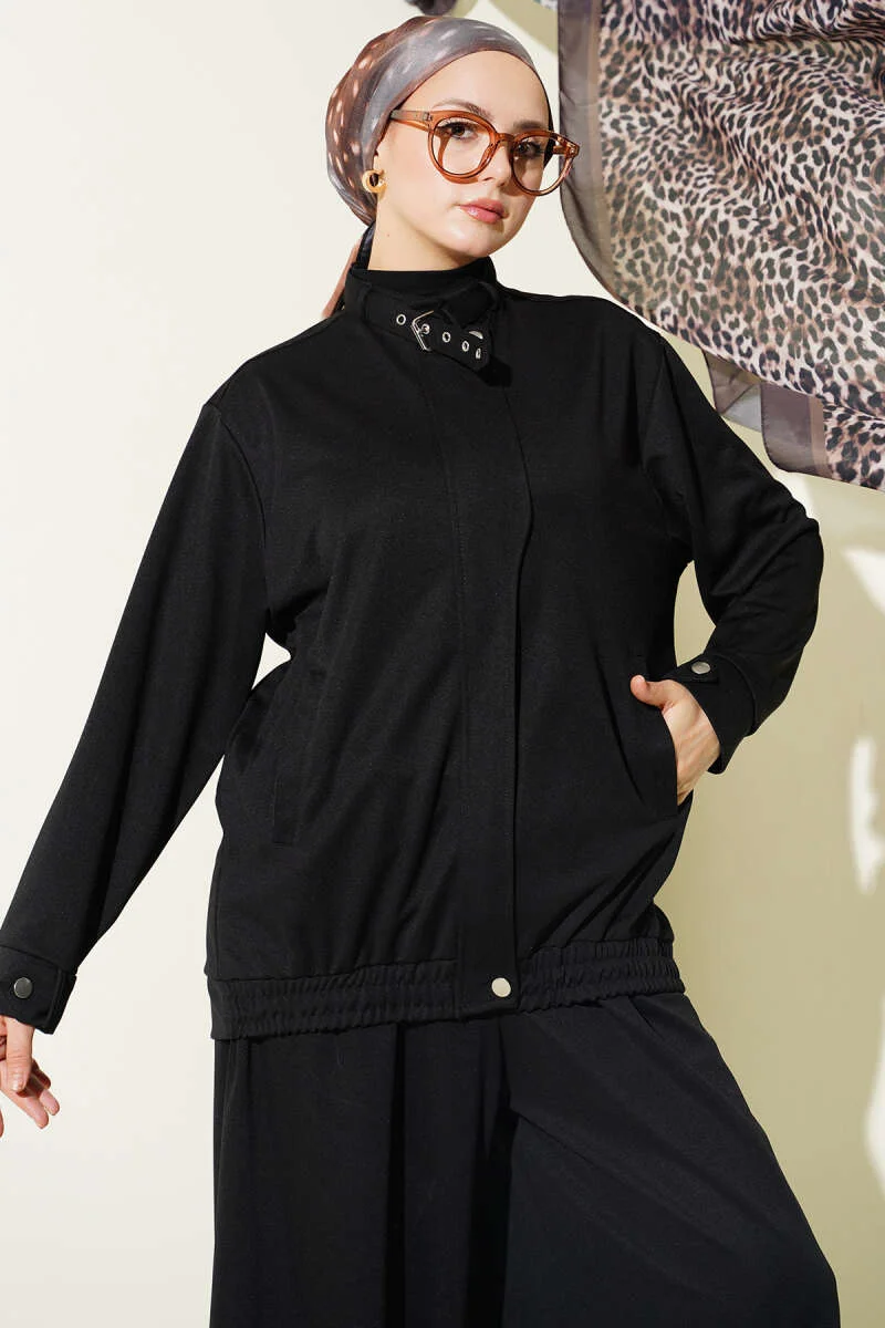 Zippered Pocket Loose Two-Piece Set Black wholesale clothing set view 2 - Hicabistan Turkey factory