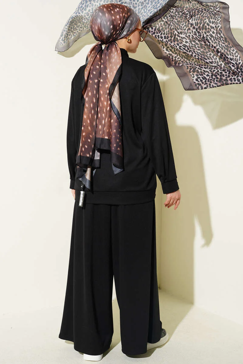 Zippered Pocket Loose Two-Piece Set Black wholesale clothing set view 3 - Hicabistan Turkey factory