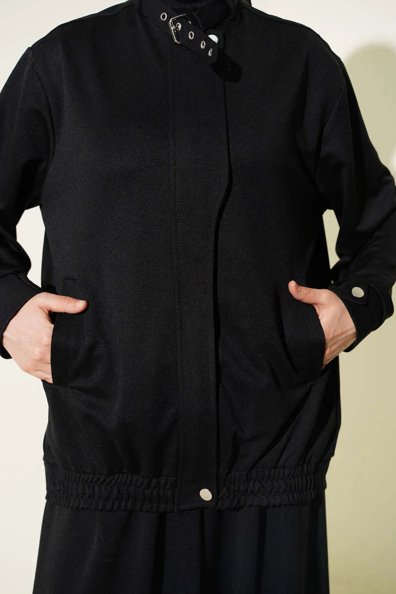 Zippered Pocket Loose Two-Piece Set Black wholesale clothing set view 4 - Hicabistan Turkey factory