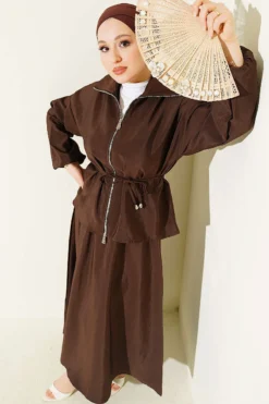 Zippered Belted Skirt Set Brown