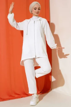 Hooded Zip-Up Oversized Two-Piece Set White