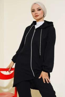 Alternative view of Hooded Zip-Up Oversized Two-Piece Set Black