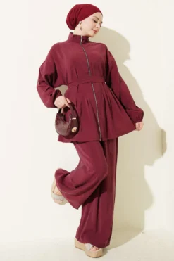 Zippered Belted Modal Two-Piece Set Burgundy