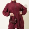 Zippered Belted Modal Two-Piece Set Burgundy al por mayor clothing set view 2 - Hicabistan fábrica Turquía