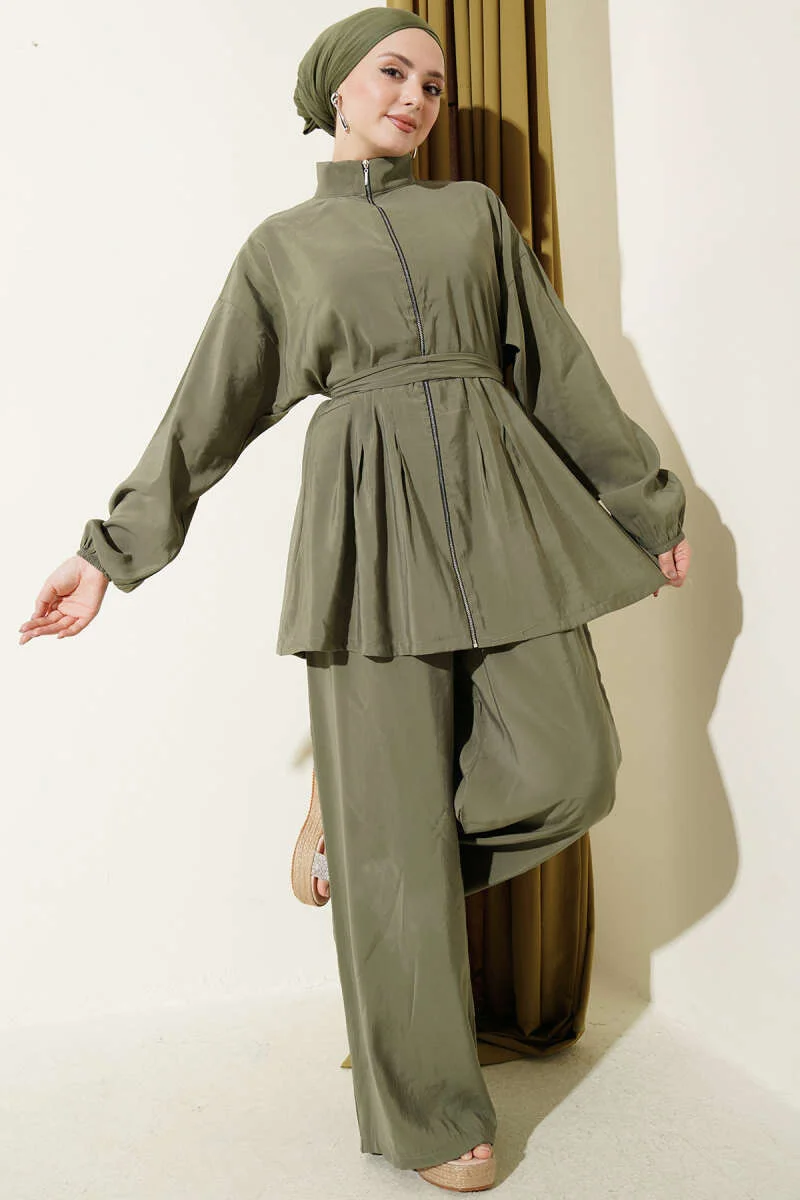 Zippered Belted Modal Two-Piece Set Khaki groothandel clothing set view 2 - Hicabistan Turkije fabriek