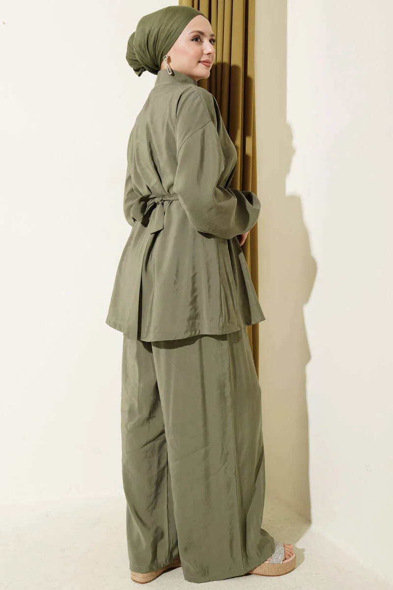 Zippered Belted Modal Two-Piece Set Khaki groothandel clothing set view 3 - Hicabistan Turkije fabriek